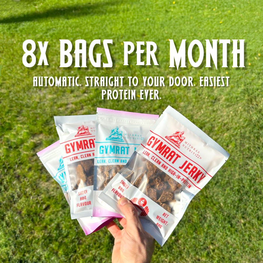 What our high protein beef jerky subscription gets you. 8 bags of Gymrat Jerky shipped anywhere in Australia on a monthly basis