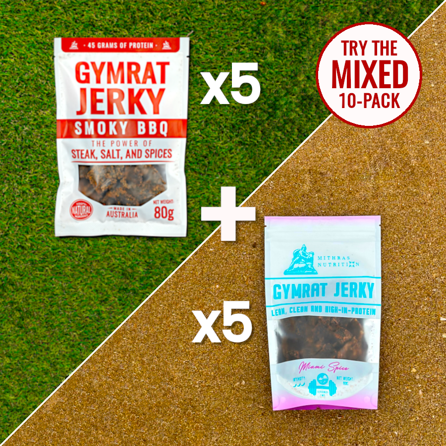 Mixed 10 pack of Gymrat Jerky Smoky BBQ and Miami Spice both flavours