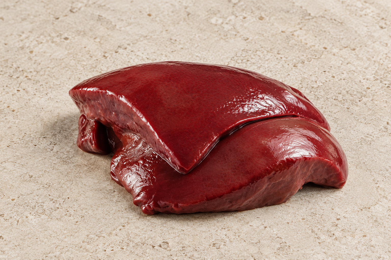 Raw beef liver on a stone surface