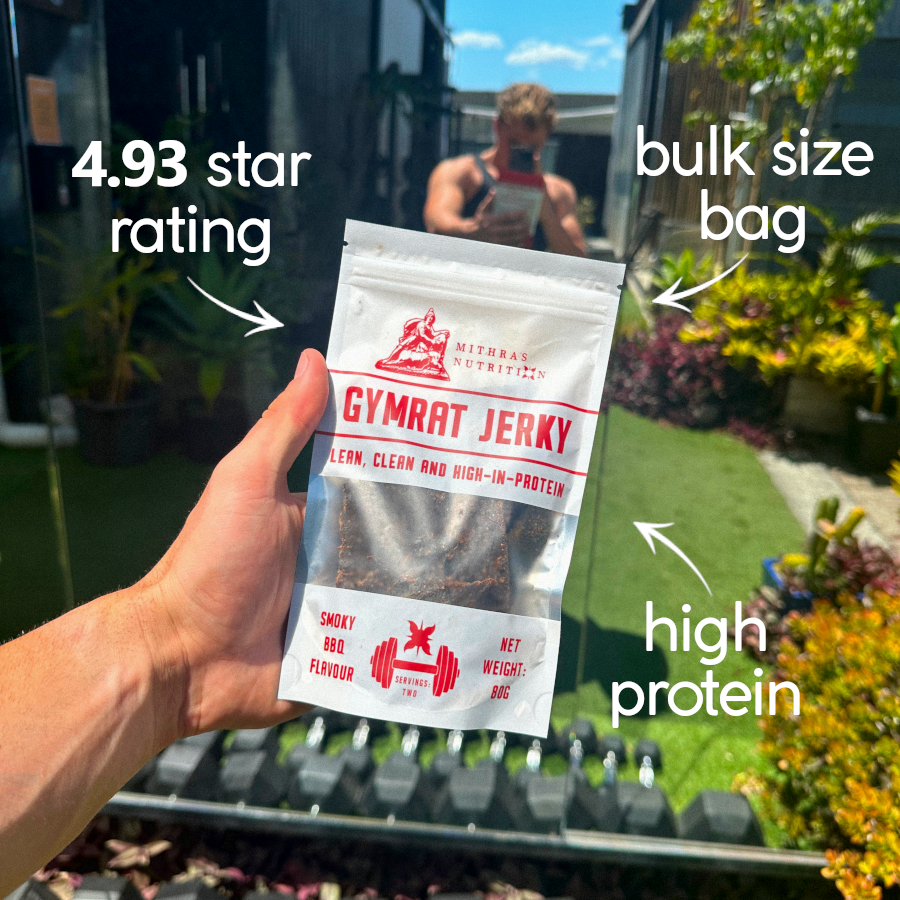 Gymrat Jerky with 4.93 star reviews, bulk bag beef jerky, and high protein beef jerky