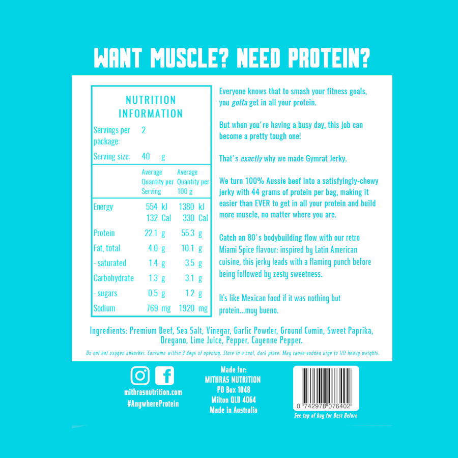 The back of a bag of Gymrat Jerky Miami Spice, showing ingredients, calories, and protein count