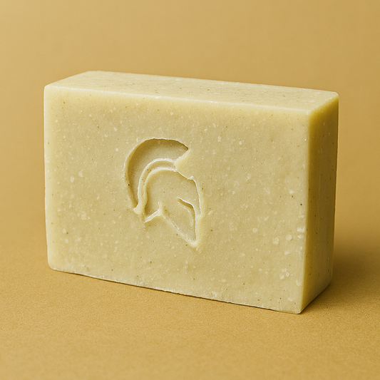 Bar of soap with a logo on a beige background