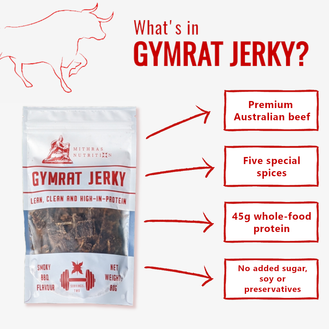 Details about Gymrat Jerky high protein beef jerky Australia: premium Australian beef, natural ingredients only, 45 grams of whole-food protein, no added sugar soy or preservatives
