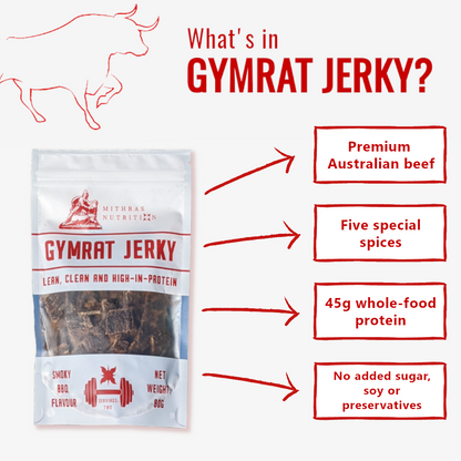 Details about Gymrat Jerky high protein beef jerky Australia: premium Australian beef, natural ingredients only, 45 grams of whole-food protein, no added sugar soy or preservatives