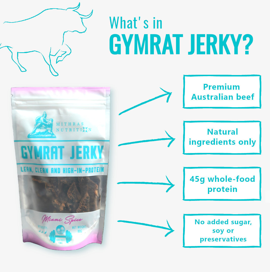 Details about Gymrat Jerky Miami Spice high protein beef jerky Australia: premium Australian beef, natural ingredients only, 45 grams of whole-food protein, no added sugar soy or preservatives