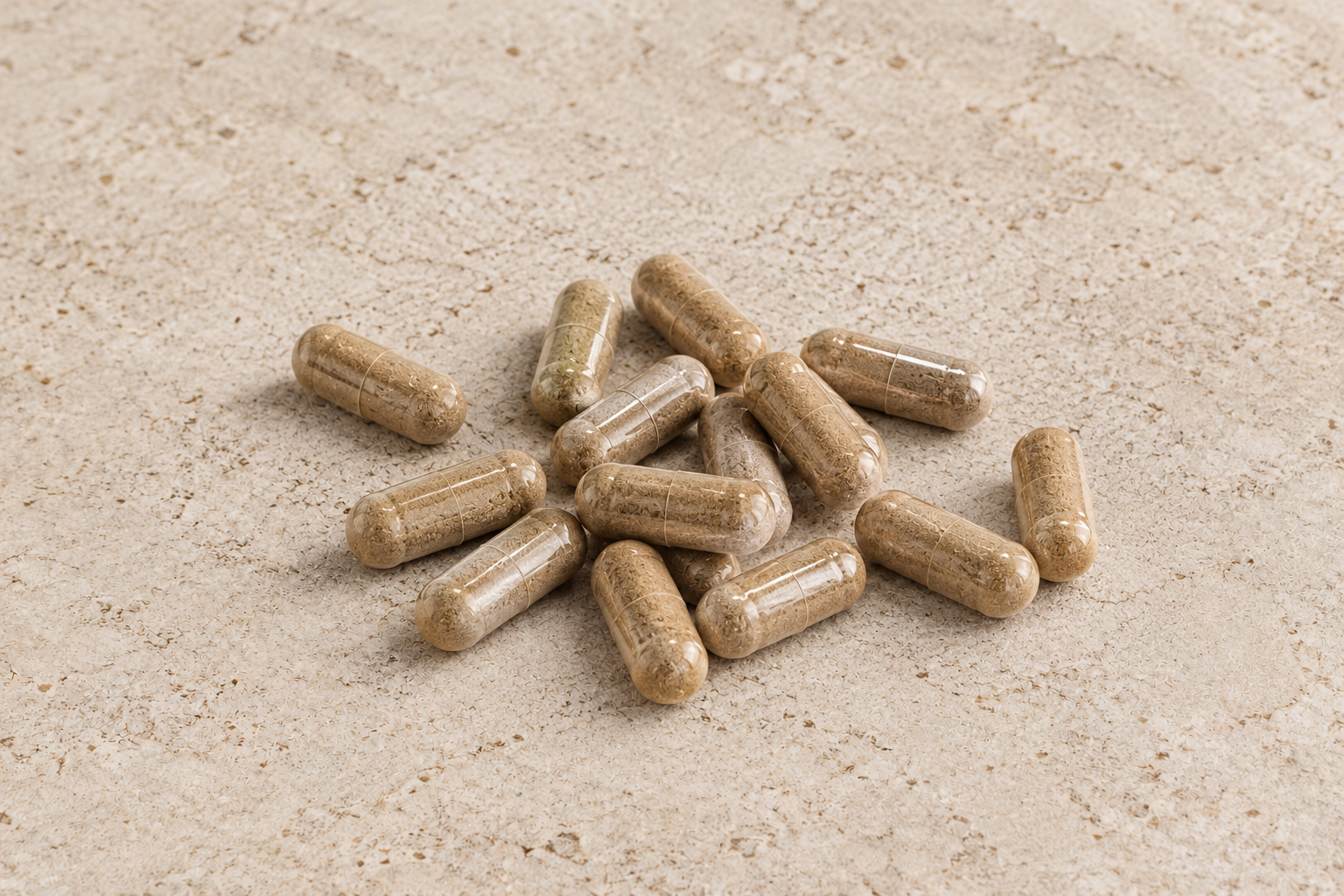 Beef liver capsules on a stone surface