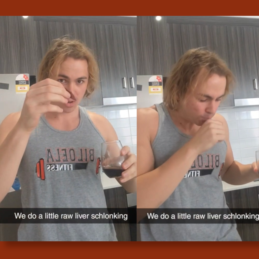 Beef CEO in two photos from his earlier raw liver routine