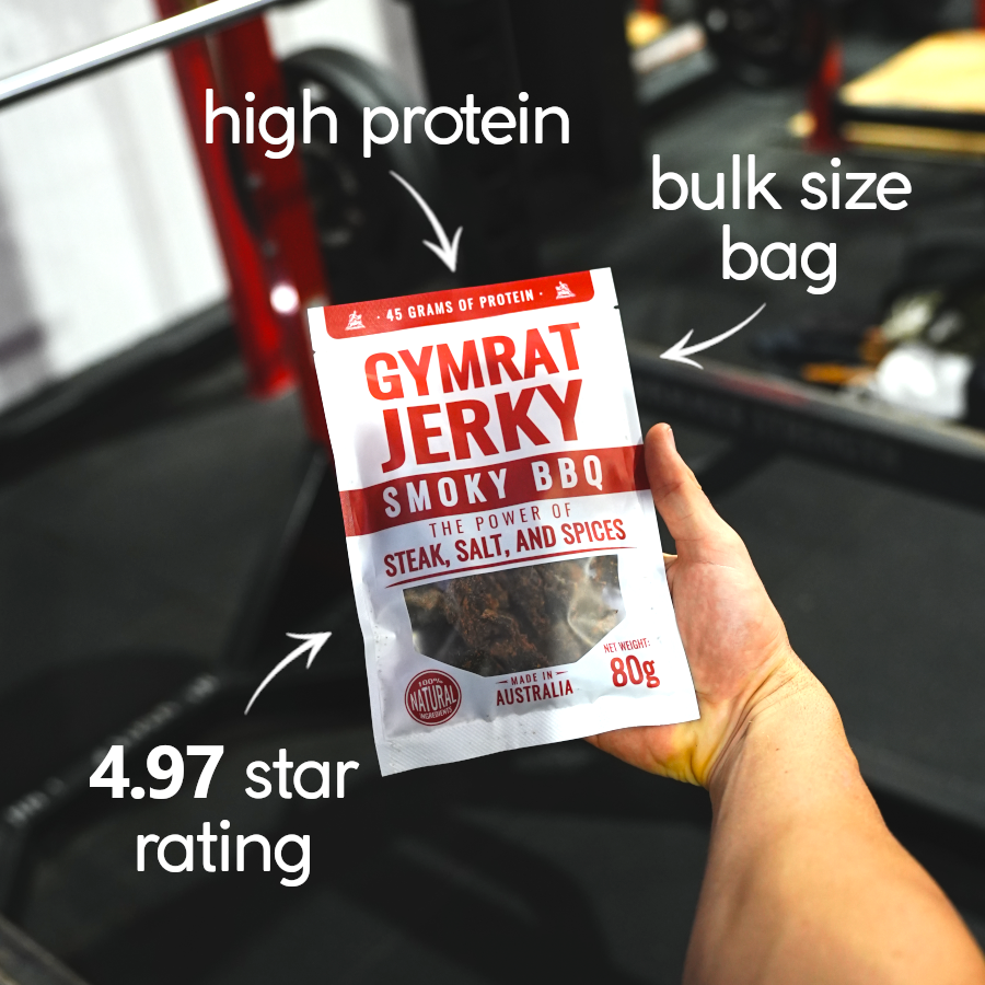 Gymrat Jerky high protein beef jerky at a gym showing the health benefits of beef jerky and showing gymrat jerky reviews