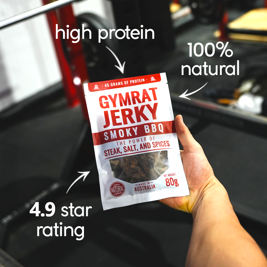 Gymrat Jerky high protein beef jerky at a gym showing the health benefits of beef jerky and showing gymrat jerky reviews